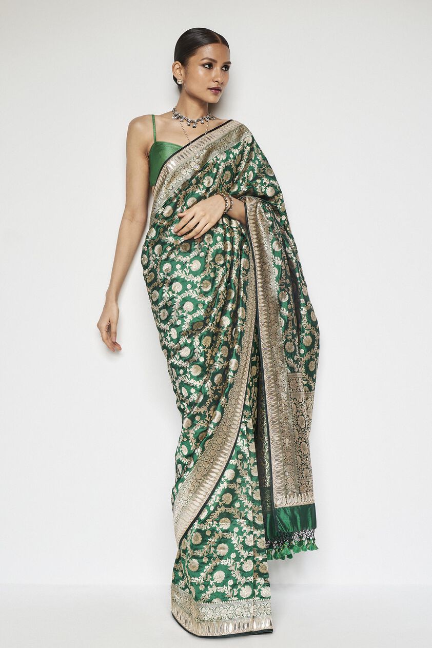 Madhusmita Benarasi Silk Embroidered Saree - Emerald Green, Emerald Green, image 1